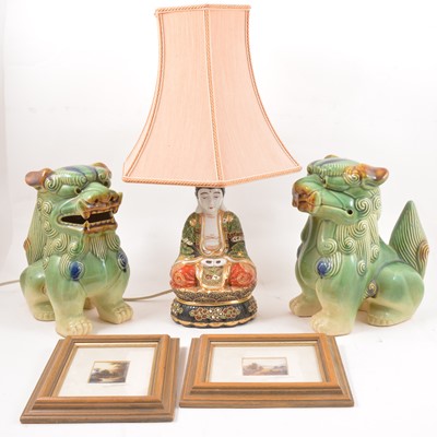 Lot 127 - A pair of green glazed Foo dogs, three satsuma table lamps, framed pictures etc