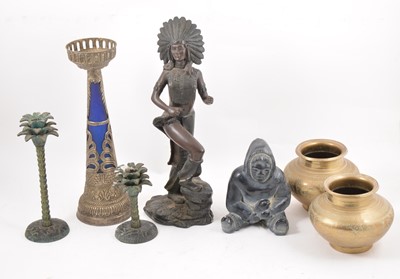 Lot 195 - A pair of palm tree candle holders and pricket candlestick, pair of 11cm brass vases, soapstone candle holder