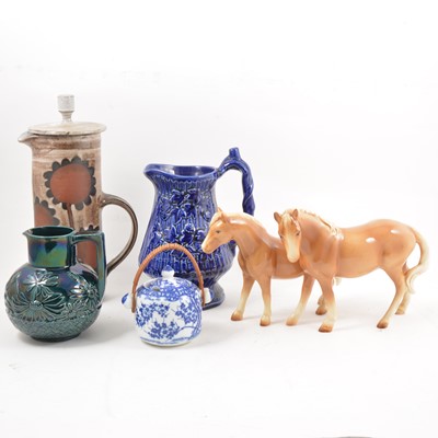 Lot 138 - A box of ceramics, relief moulded blue glazed jug, Langley pottery tureen and cover