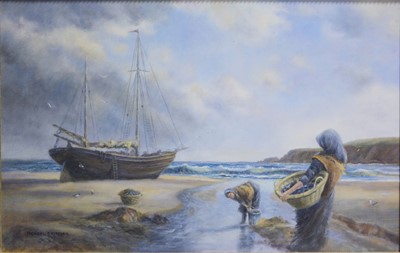 Lot 428 - Michael S Kitchen, coastal scene with fishing smack, oil