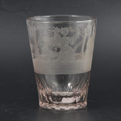 Lot 121 - A continental etched glass tumbler etched with a church and country scenes