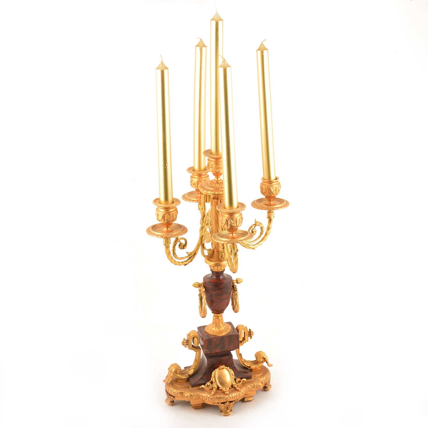 Lot 116 - French ormolu and rouge marble five-light candelabra