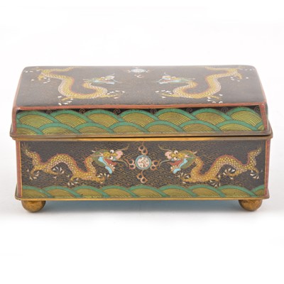 Lot 103 - Japanese cloisonne box, rectangular form, decorated with five clawed dragons, width 18cm.