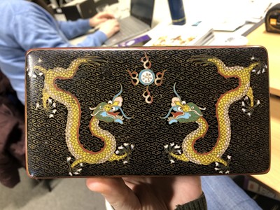 Lot 103 - Japanese cloisonne box, rectangular form, decorated with five clawed dragons, width 18cm.