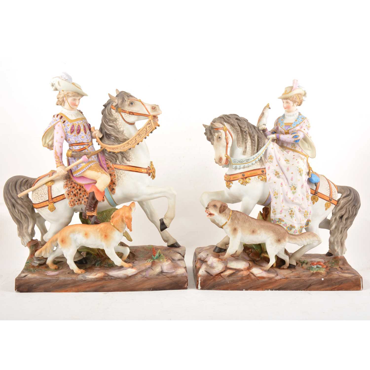 Lot 28 - An impressive large pair of Continental hand-painted porcelain hunting groups