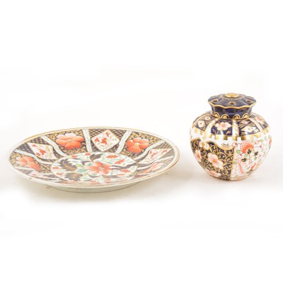 Lot 31 - A Royal Crown Derby pot pourri vase and cover, and an Imari pattern plate.