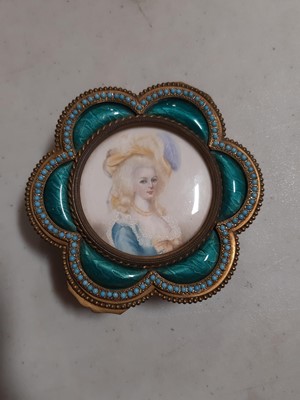 Lot 102 - A gilt metal and enamelled trinket box, inset with a portrait miniature on ivory roundel
