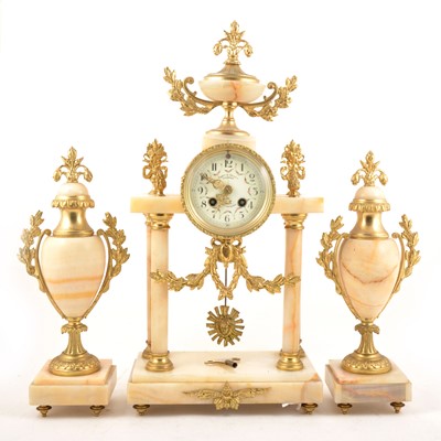 Lot 121 - A large 19th Century French gilt bronze and onyx clock garniture, Comptoir General Schnerb, Paris.