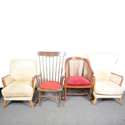 Lot 580 - Walnut frames bergere chair, rocking chair and two easy chairs