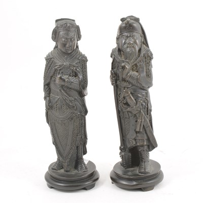Lot 165A - Pair of cast and patinated bronze elder warriors, Chinese, early 20th Century