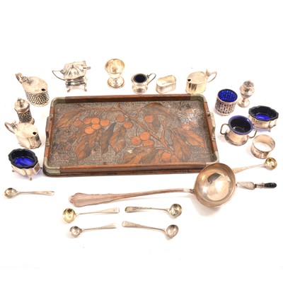 Lot 181 - A quantity of silver condiments, miniature ladles etc., plus a silver-plated ladle and a wooden tray.