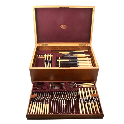 Lot 123 - Oak box enclosing a canteen of silver-plate and bone handle cutlery