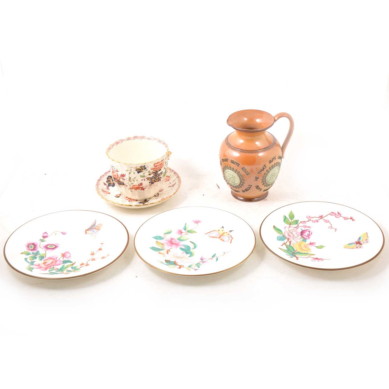 Lot 25 - Royal Worcester plates; Doulton Lambeth motto jug; and Staffordshire breakfast cup and saucer.