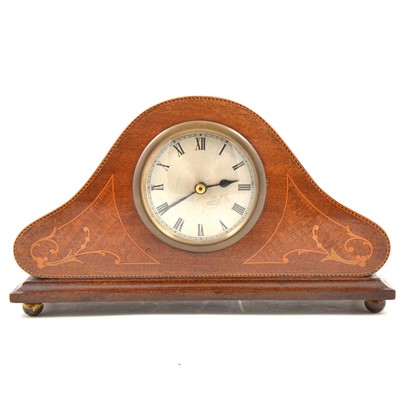 Lot 112 - Edwardian inlaid mahogany mantel clock, replaced Quartz movement.