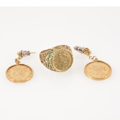 Lot 332 - A pair of gold coin earrings and ring.