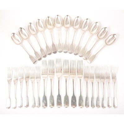 Lot 69 - Set of twelve Victorian silver dessert spoons, George Adams, London 1868, plus silver forks.