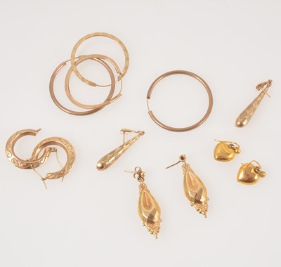 Lot 320 - A collection of gold earrings for pierced ears, hoops and drops, total weight approximately 8gms.