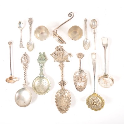 Lot 61 - Victorian silver sifter spoon, Danish cutlery and beakers