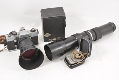 Lot 251 - Vintage cameras; one box including Patrika MTL 5 SLR 35mm camera with lenses, etc.