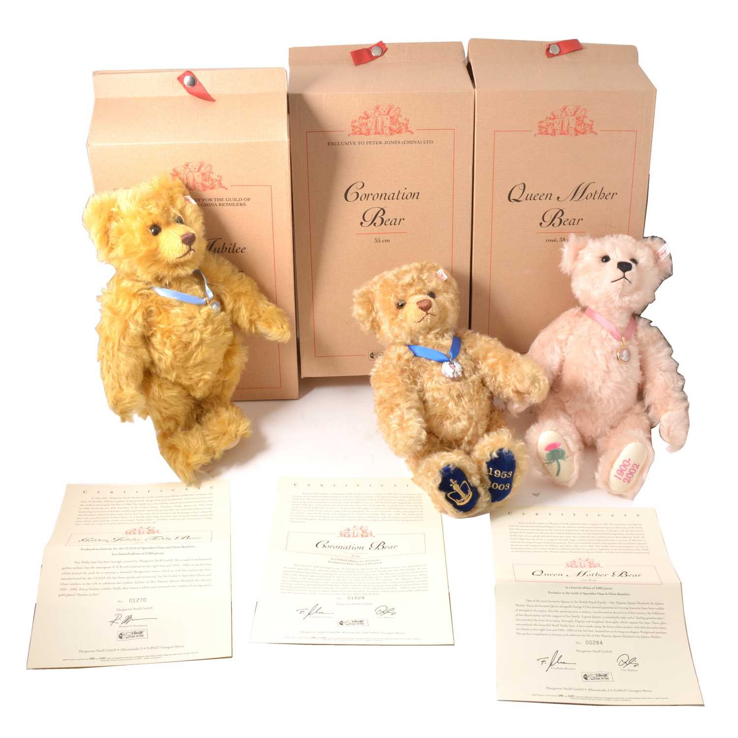 Lot 47 - Three Modern Steiff teddy bears, Queen Mother, Coronation and Golden Jubilee bear