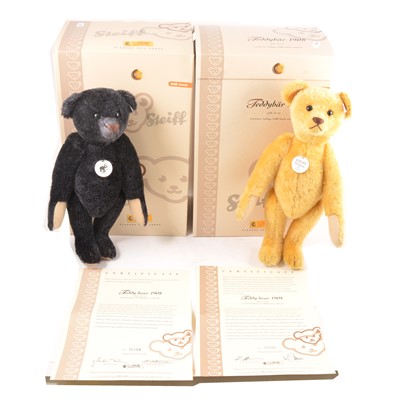 Lot 48 - Modern Steiff teddy bears; four Teddybar 1908 bears, green, faded pink, black and yellow