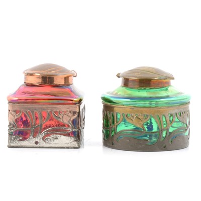 Lot 157 - Two iridescent glass and metal mounted inkwells, Loetz, early 20th century.