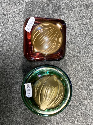 Lot 157 - Two iridescent glass and metal mounted inkwells, Loetz, early 20th century.