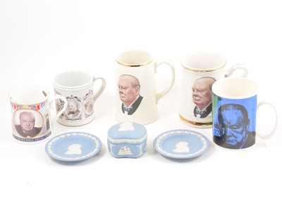 Lot 140 - A collection of Churchill commemorative tankards, mugs and other pottery items, including limited editions