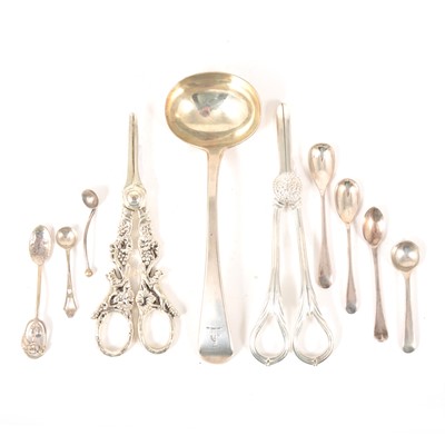 Lot 62 - A George IV silver sauce ladle, William Eley & William Fearn, London 1822, plus silver and plated salt spoons and plated grape scissors.