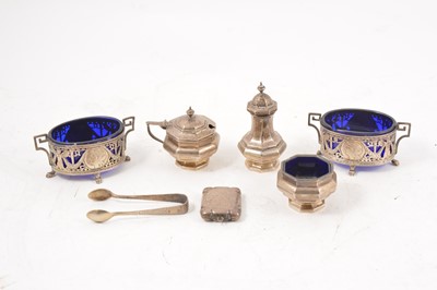 Lot 284 - Pair of Continental silver salts, cruet, vesta case and tongs