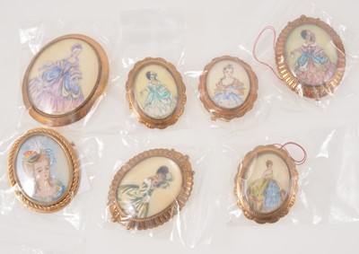 Lot 368 - Thomas L Mott - seven hand painted oval portrait brooches of ladies in crinoline costumes.