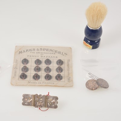 Lot 338 - A collection of vintage accessories, a pair of Aspinal silver collar stiffeners, pure bristle shaving brush, cufflinks.