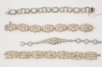 Lot 358 - Nine vintage 1930's 1940's paste set panel bracelets, white metal alloy and pot metal.