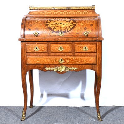 Lot 461 - French walnut and marquetry bureau a cylindre