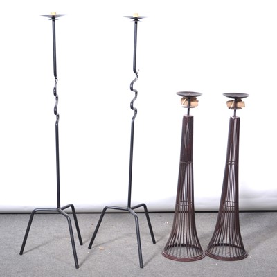 Lot 96 - Pair of tall coated steel pricket candlesticks, flared bases, 100cm; and another pair.