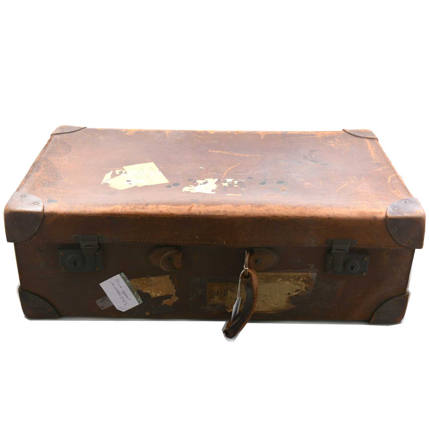 Lot 172 - A Vintage leather suitcase 75cm in length (broken handle), and a Marconiphone walnut cased mains radio.