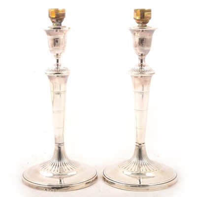 Lot 186 - Pair of Georgian silver candlesticks by John Younge & Sons, Sheffield 1792, converted