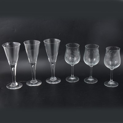 Lot 59 - Six wheel engrave hunting goblets, and six Dartington crystal flutes.