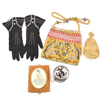 Lot 216 - A collection of lady's vintage accessories, handkerchiefs, beaded bag and garter.