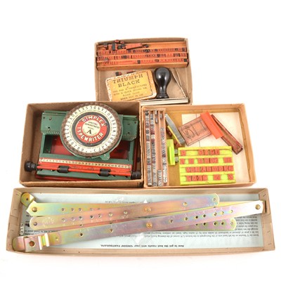 Lot 234 - A box of vintage printing sets, stationery items, three ebony trays.