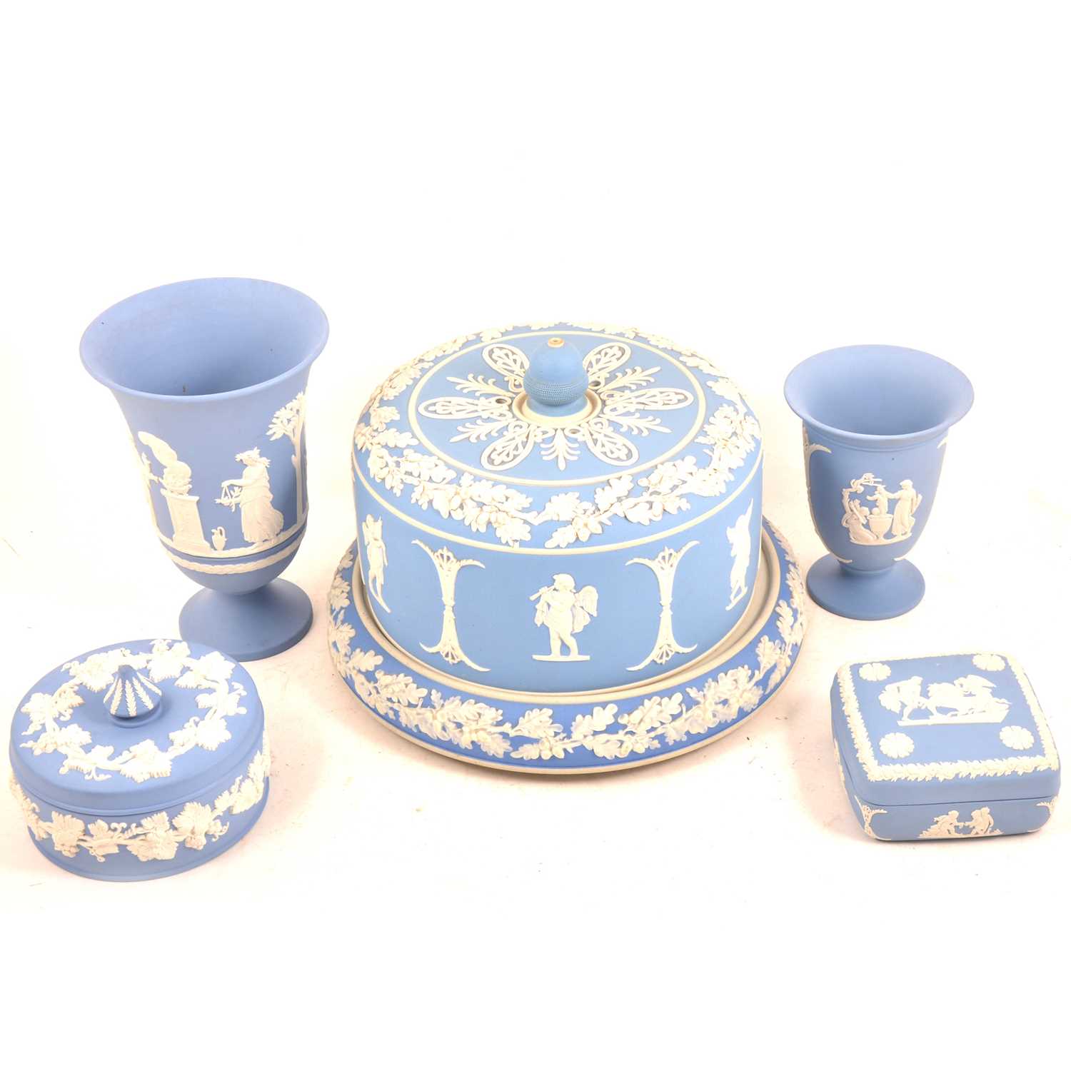 Lot 83 - A Wedgwood Blue Jasperware cheese dish and cover, together with a collection of modern Blue Jasperware
