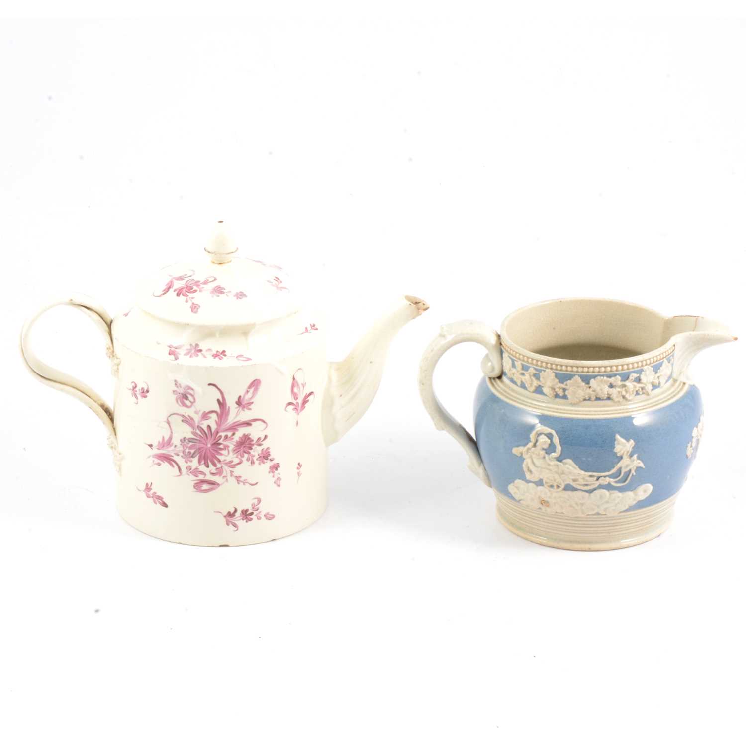 Lot 3 - Leeds creamware teapot and Castleford type blue glaze jug.