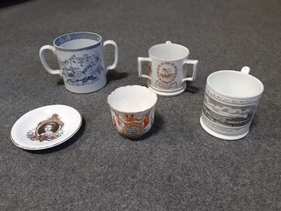 Lot 29 - Creamware harvest mug, Victorian and later royal commemorative cups and plates.