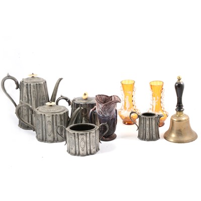 Lot 31 - Britannia metal teaset, Mary Gregory style vases, and other metal, ceramic and wooden items.