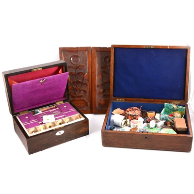 Lot 155 - Victorian rosewood sewing box, oak cutlery box and aesthetic movement sunflower panels.