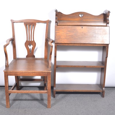 Lot 360 - Edwardian oak secretaire and an oak and ask elbow chair