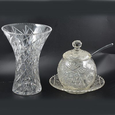 Lot 123 - Pair of large cut glass vases, another large cut glass vase and a punch bowl, with five matching glasses, (purchased from Aspreys)