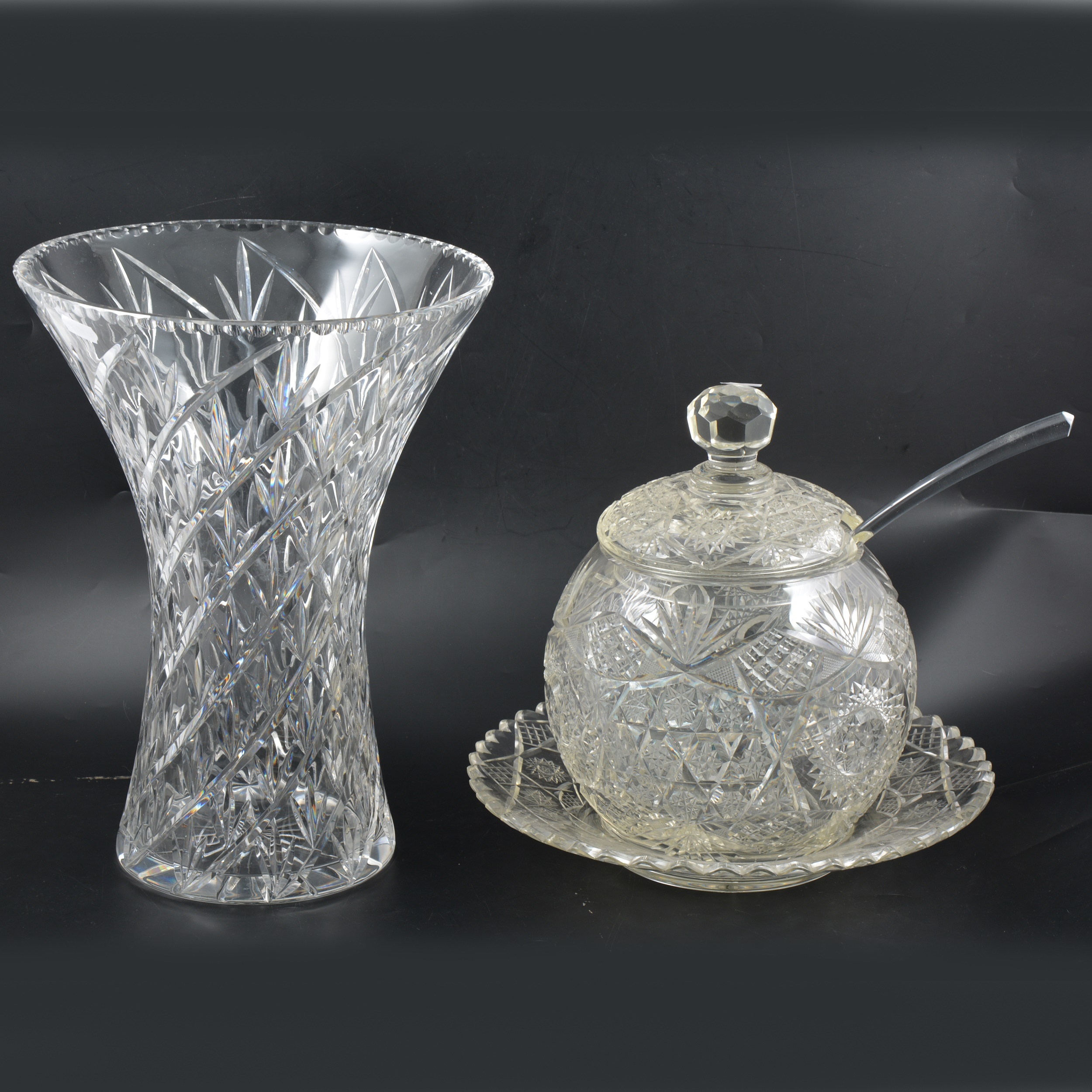 Lot 123 Pair of large cut glass vases, another large