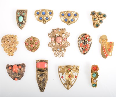 Lot 342 - Twelve gilt metal Czechoslovakia style coloured paste dress clips.