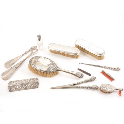 Lot 177 - A collection of silver and white metal vanity items, to include brushes, combs, shoe horns, etc.